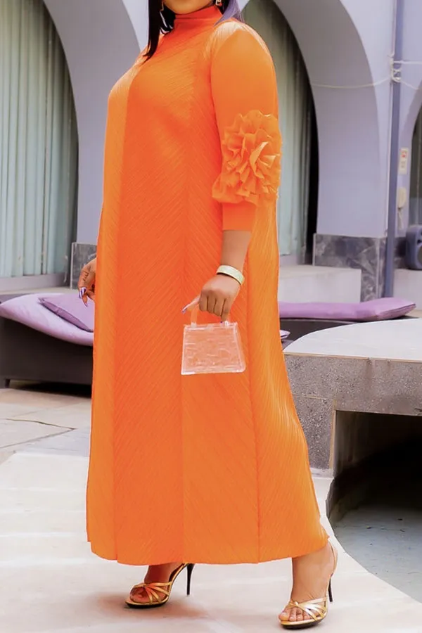 3D Flower Decor Feminine Pleated Maxi Dress