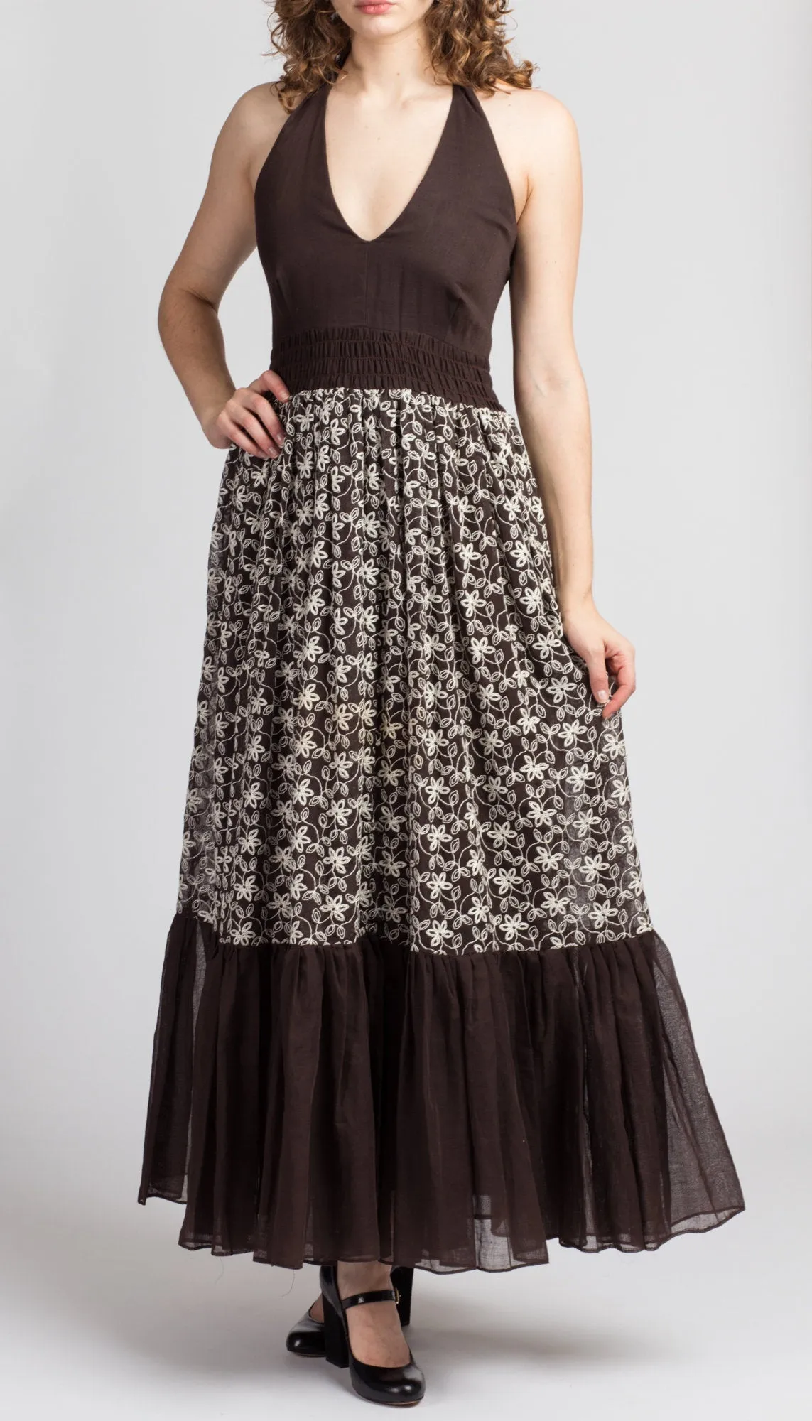 60s 70s Chocolate Brown Floral Halter Dress - Extra Small