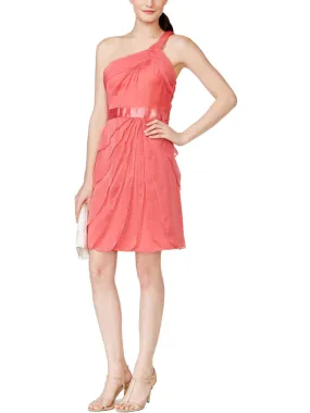 ADRIANNA PAPELL Womens Coral Ruched Ruffled Sleeveless Asymmetrical Neckline Above The Knee Cocktail Layered Dress