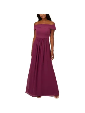 ADRIANNA PAPELL Womens Purple Zippered Lined Foldover Neckline Chiffon Skirt Cap Sleeve Off Shoulder Full-Length Evening Gown Dress