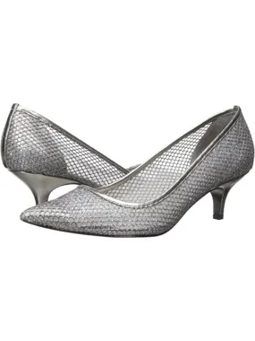 ADRIANNA PAPELL Womens Silver Fishnet See-Through Glitter Padded Lois Pointed Toe Kitten Heel Slip On Pumps Shoes M