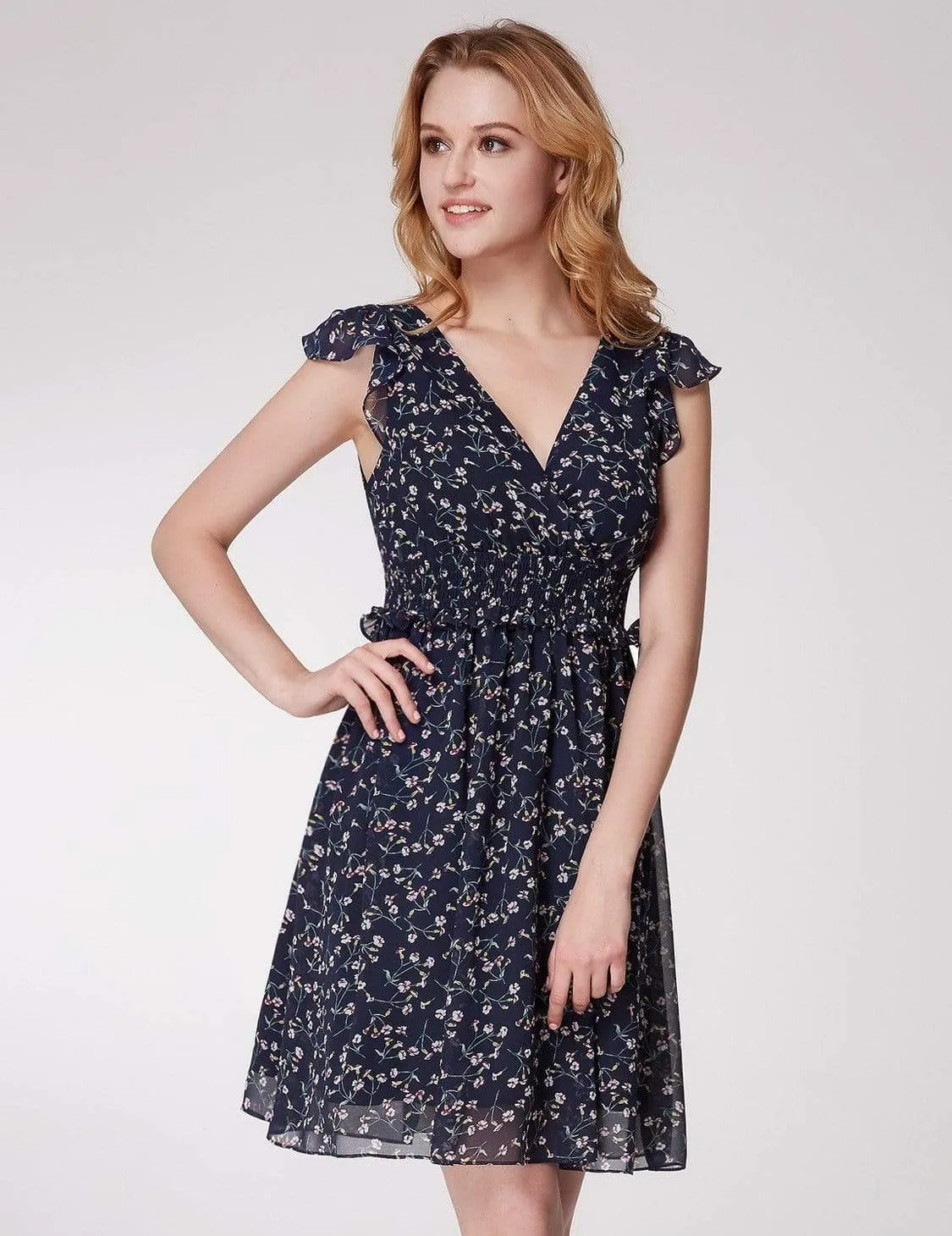 Alisa Pan Floral Print V Neck Short A Line Dress