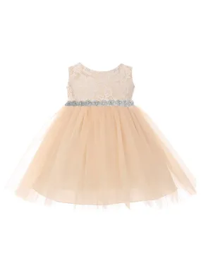 Baby Girls Champagne Lace Tulle Rhinestone Flower Girls Dress 6-24M