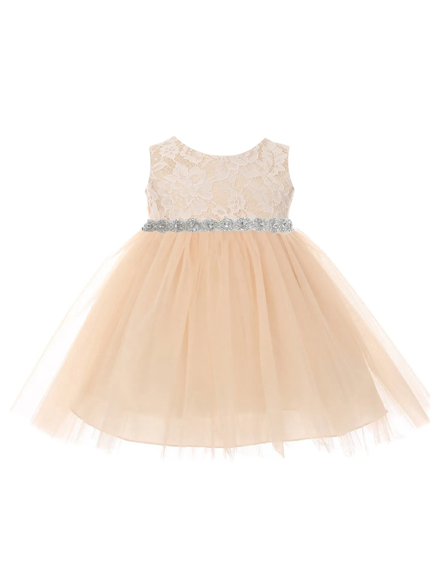 Baby Girls Champagne Lace Tulle Rhinestone Flower Girls Dress 6-24M