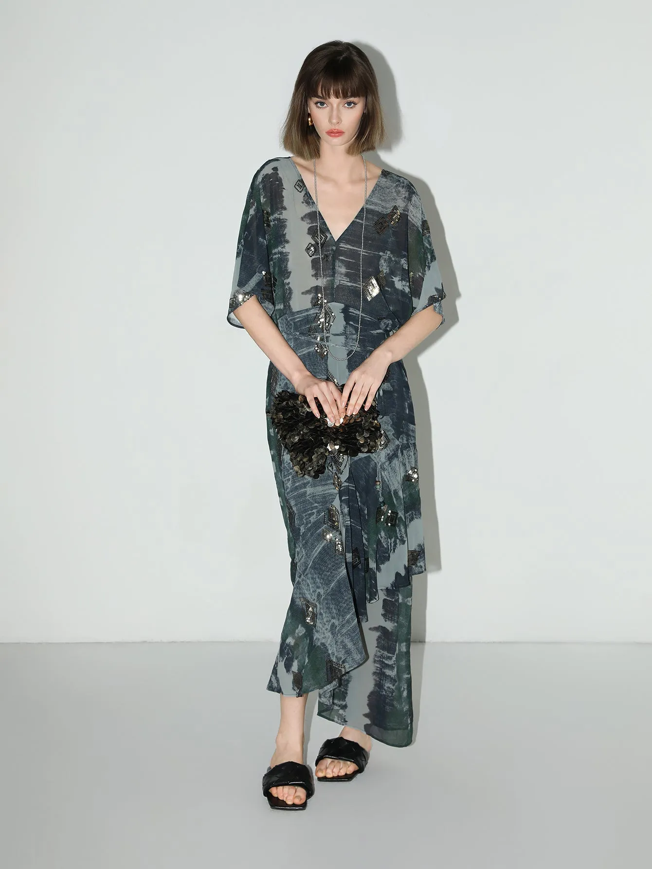 Black and Grey Tie-Dye Print Chiffon Dress