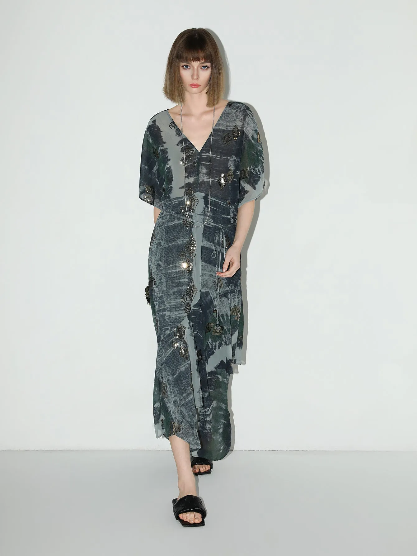 Black and Grey Tie-Dye Print Chiffon Dress