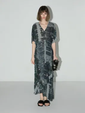Black and Grey Tie-Dye Print Chiffon Dress