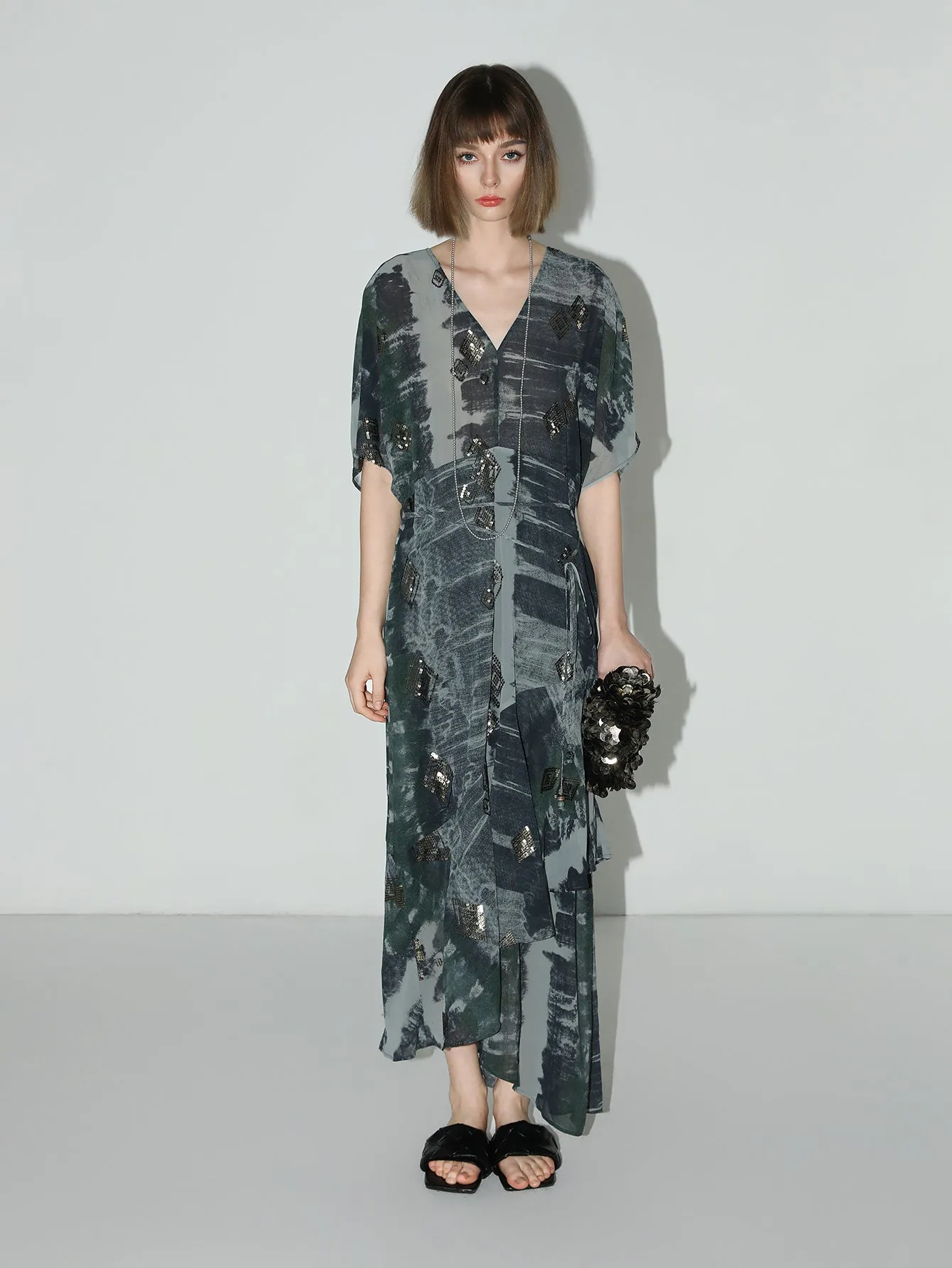 Black and Grey Tie-Dye Print Chiffon Dress