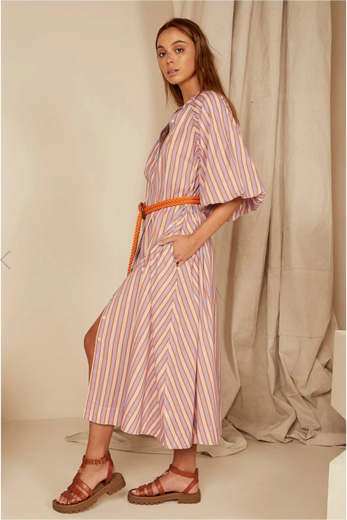Bohemian Traders Candy Stripe Pleated Neck Midi Dress