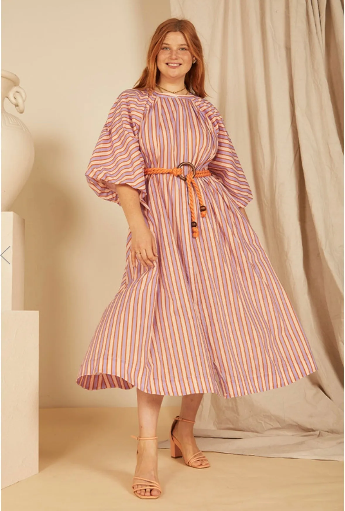 Bohemian Traders Candy Stripe Pleated Neck Midi Dress