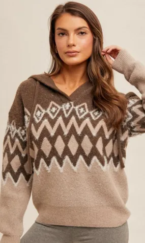 Brea Brown Nordic V Neck Hoodie Sweater