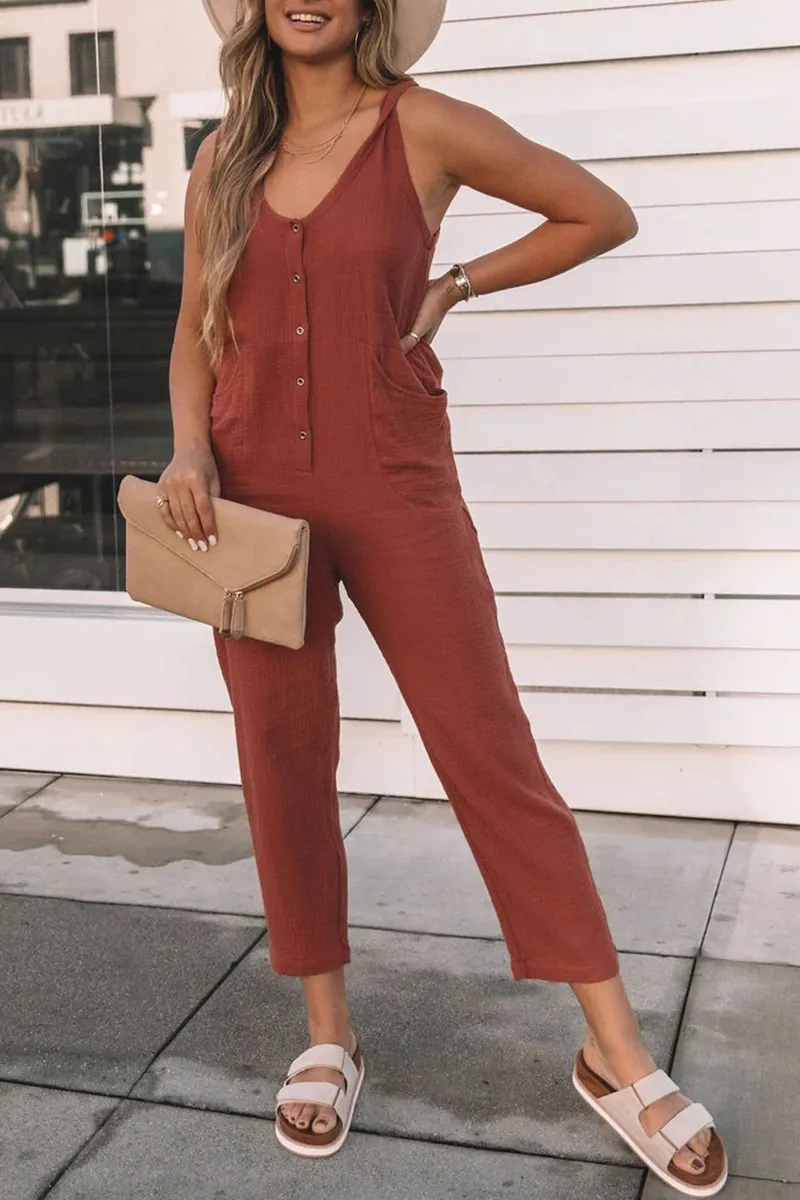 Casual Solid Split Joint U Neck Straight Jumpsuits