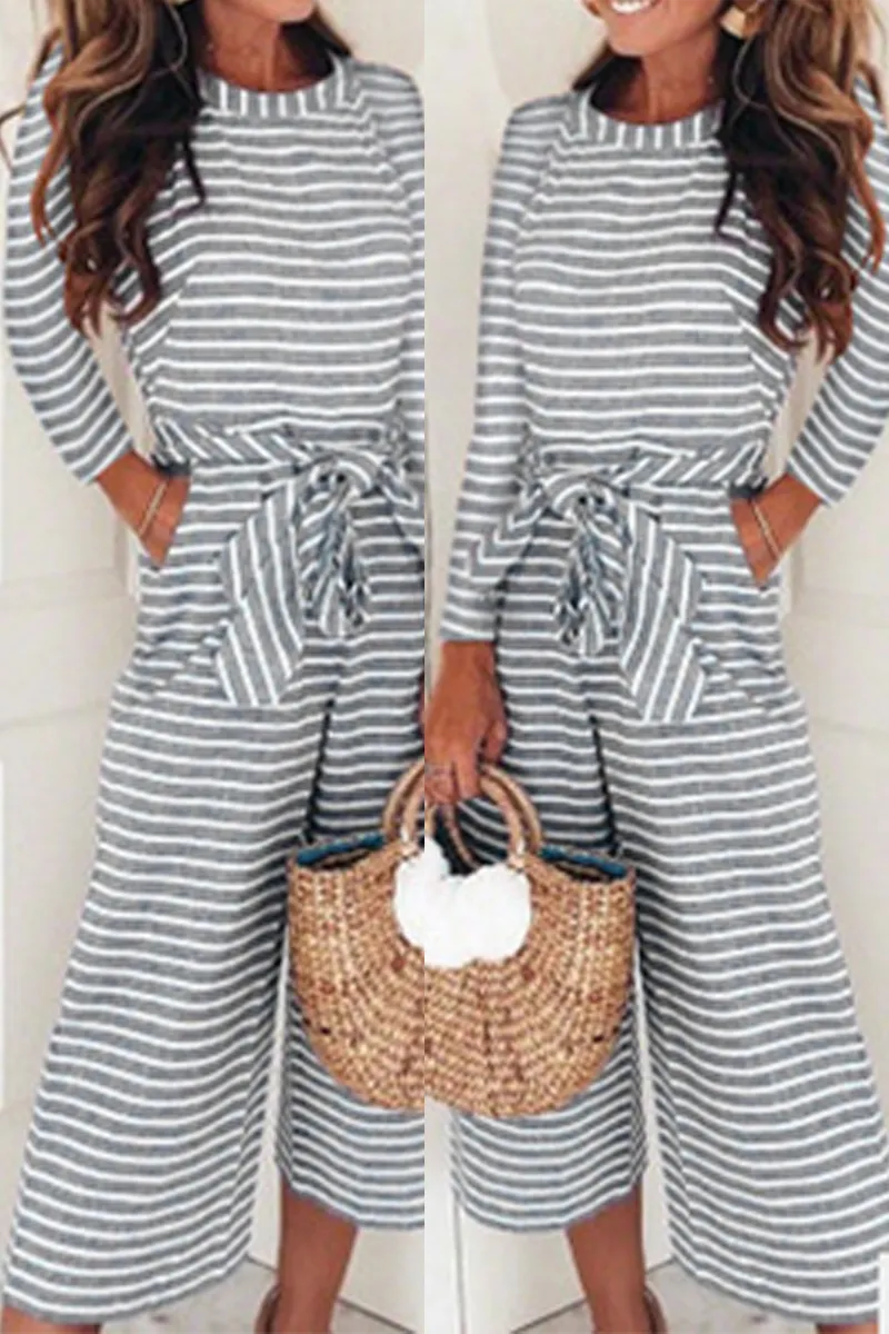Casual Striped Patchwork O Neck Straight Jumpsuits(3 Colors)