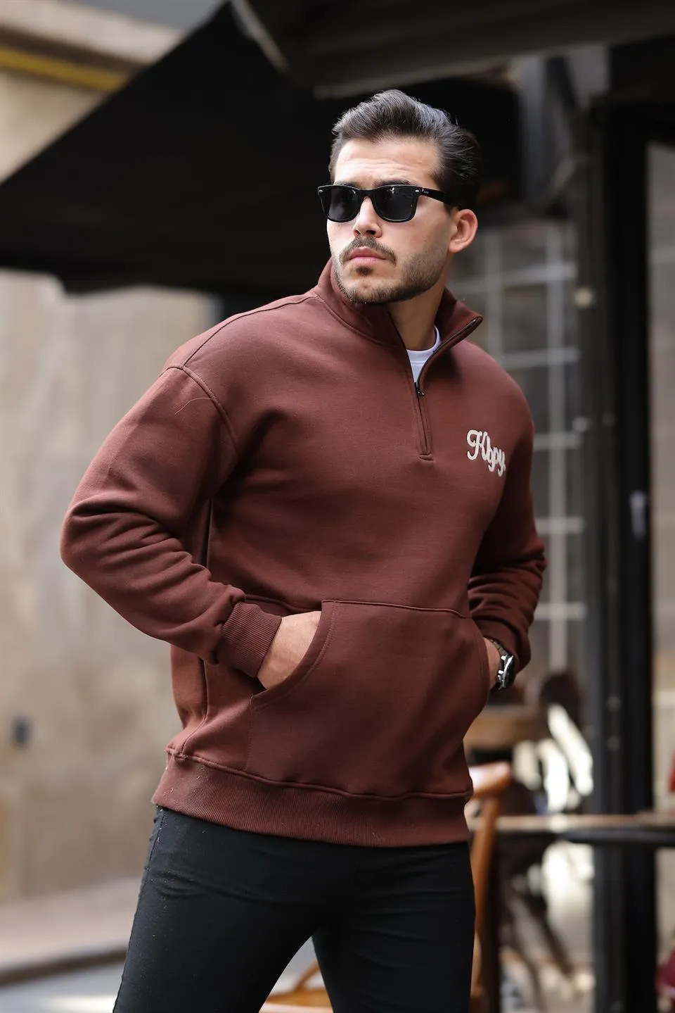 cozy kanguru nakişli şardonlu yarim fermuar sweatshirt