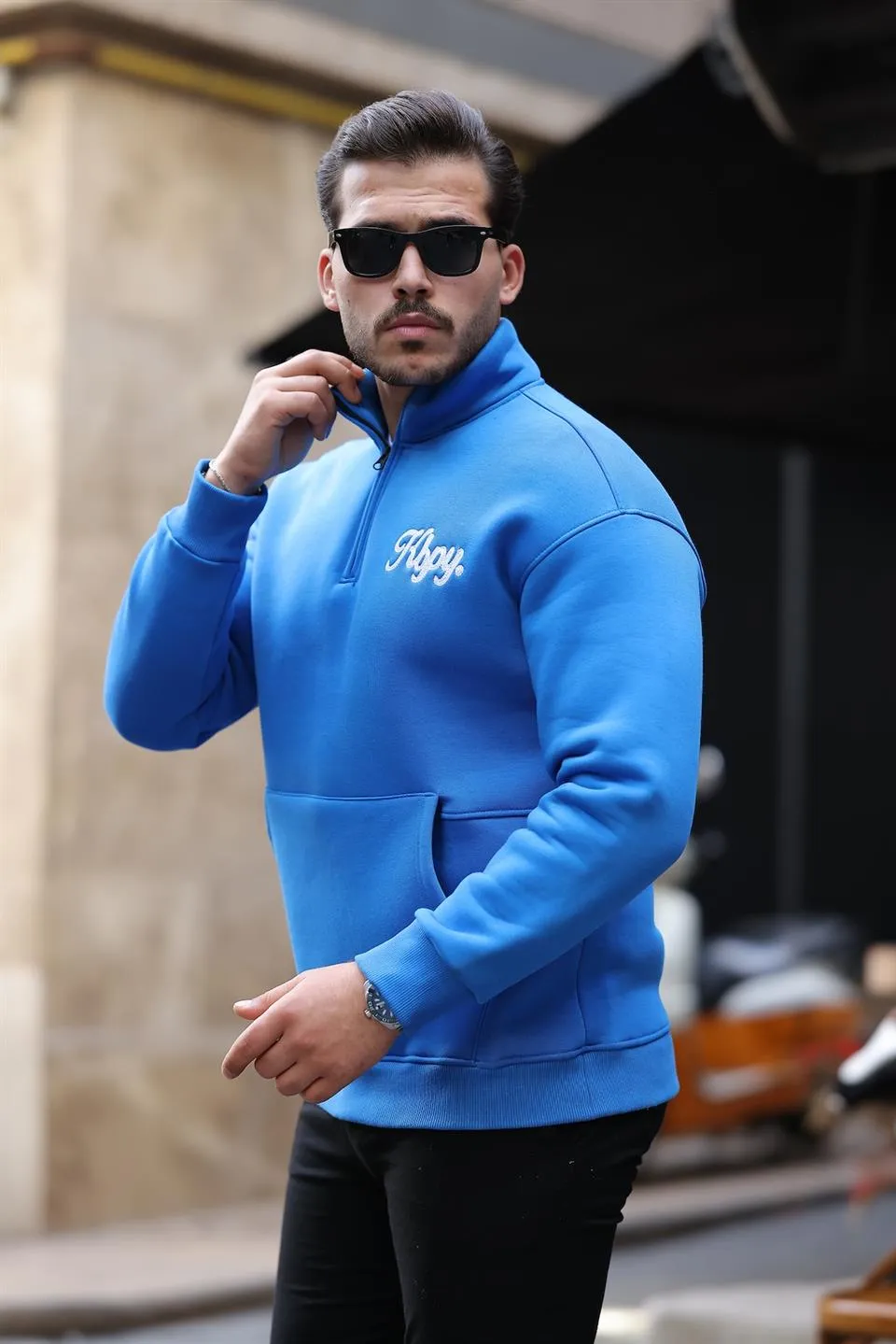 cozy kanguru nakişli şardonlu yarim fermuar sweatshirt