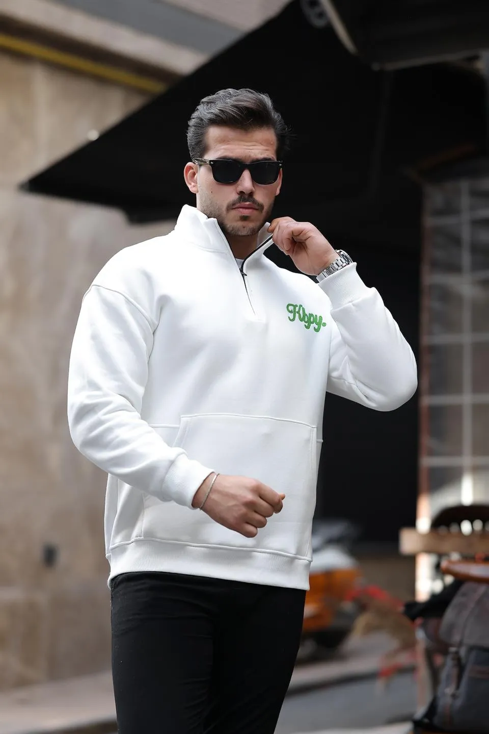 cozy kanguru nakişli şardonlu yarim fermuar sweatshirt