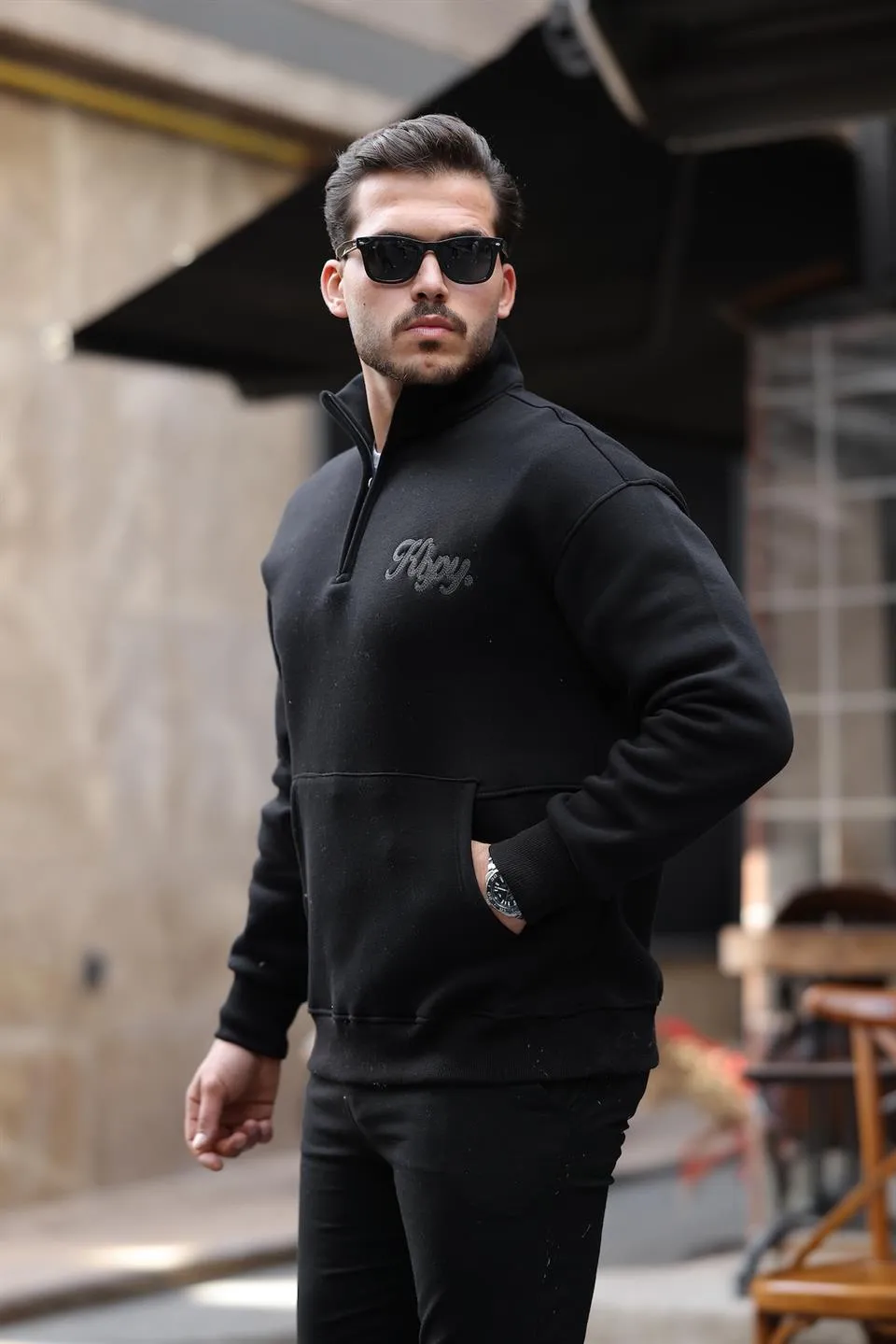 cozy kanguru nakişli şardonlu yarim fermuar sweatshirt