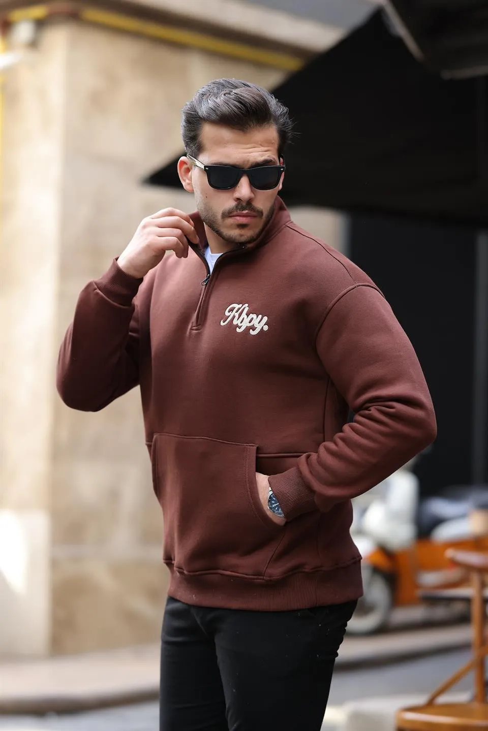 cozy kanguru nakişli şardonlu yarim fermuar sweatshirt