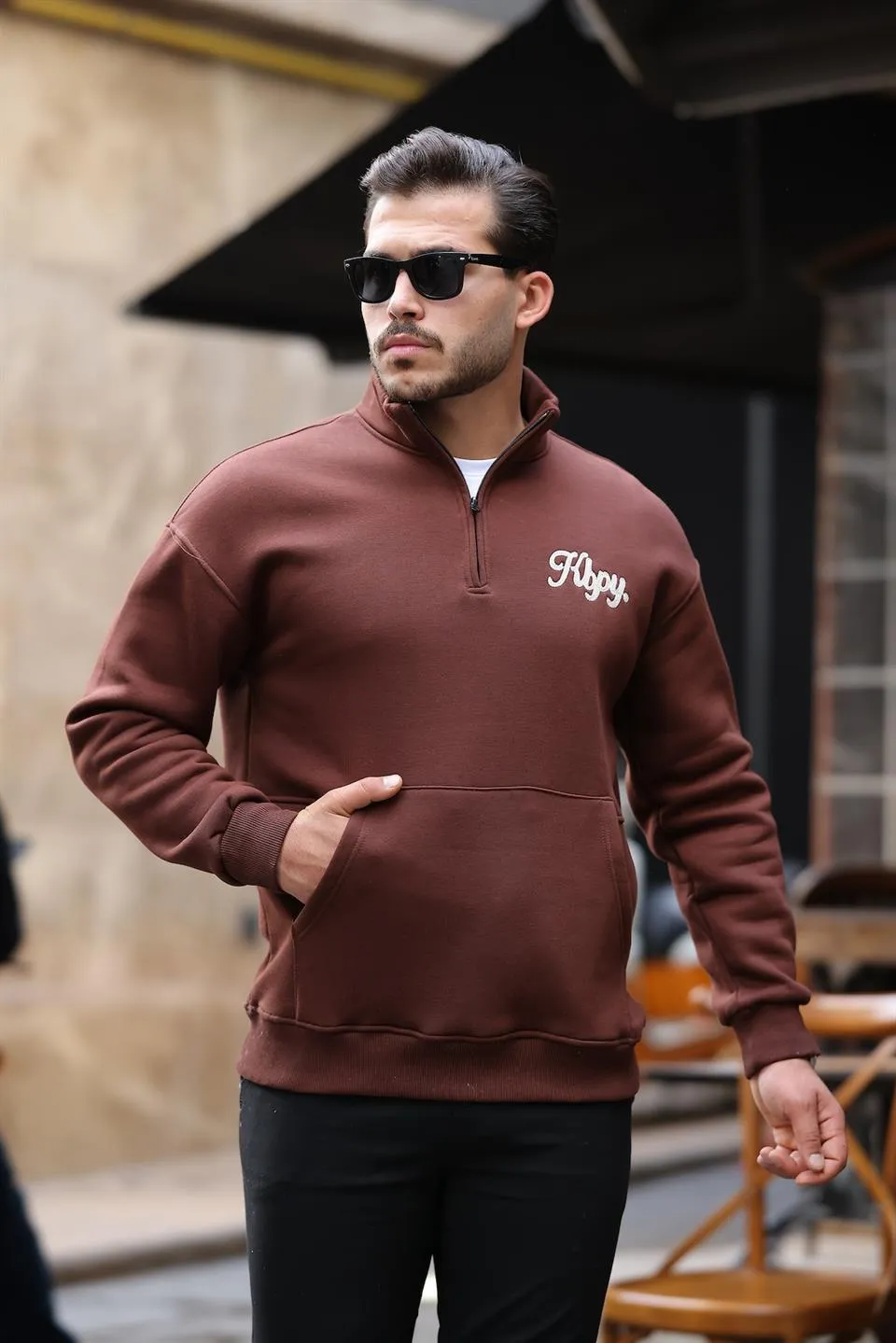 cozy kanguru nakişli şardonlu yarim fermuar sweatshirt