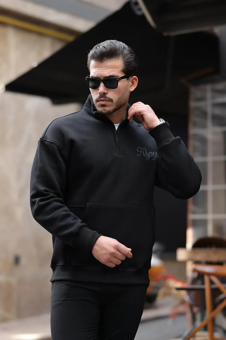 cozy kanguru nakişli şardonlu yarim fermuar sweatshirt