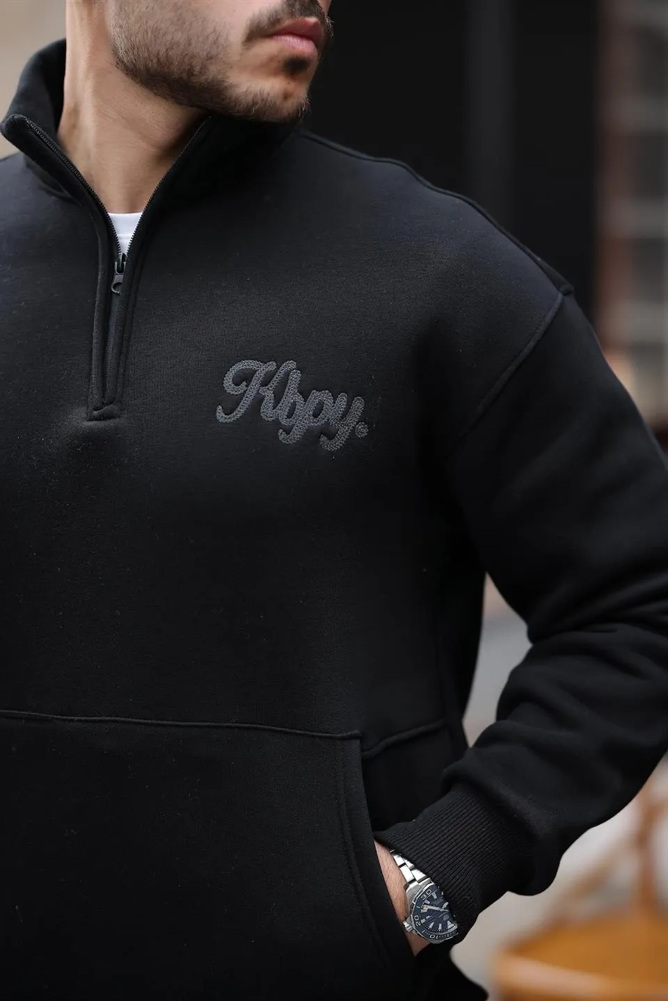 cozy kanguru nakişli şardonlu yarim fermuar sweatshirt