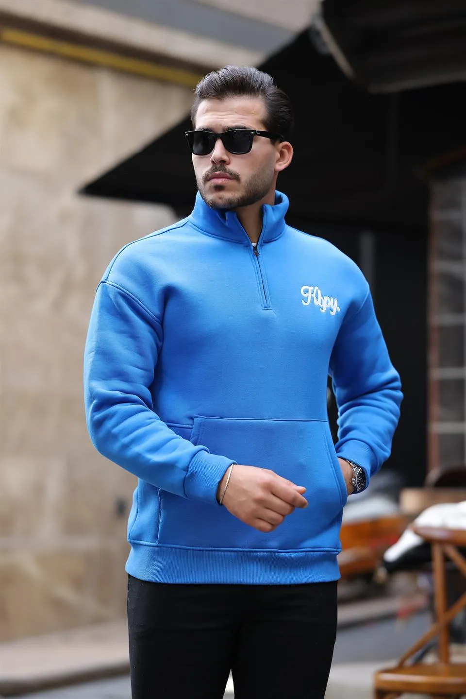cozy kanguru nakişli şardonlu yarim fermuar sweatshirt