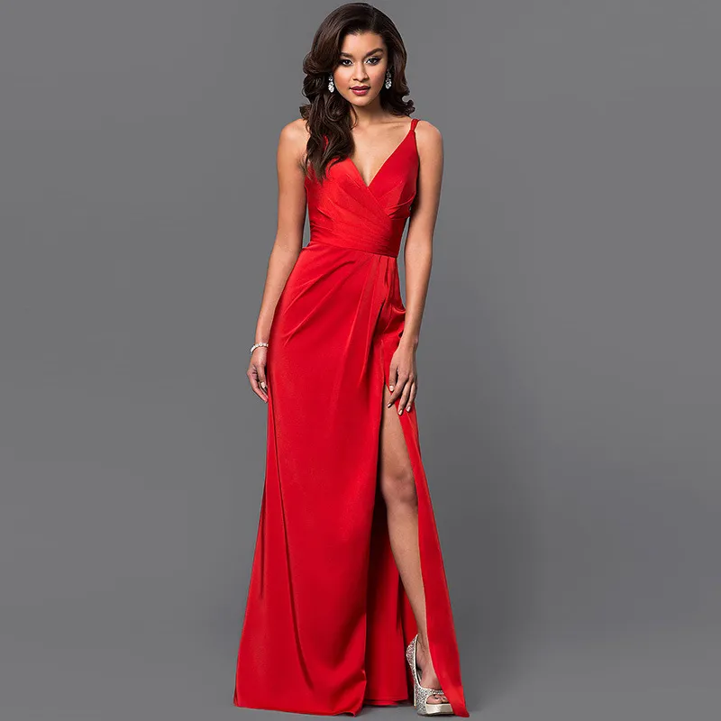 Deep V Neck Sleeveless High Slit Long Evening Dress