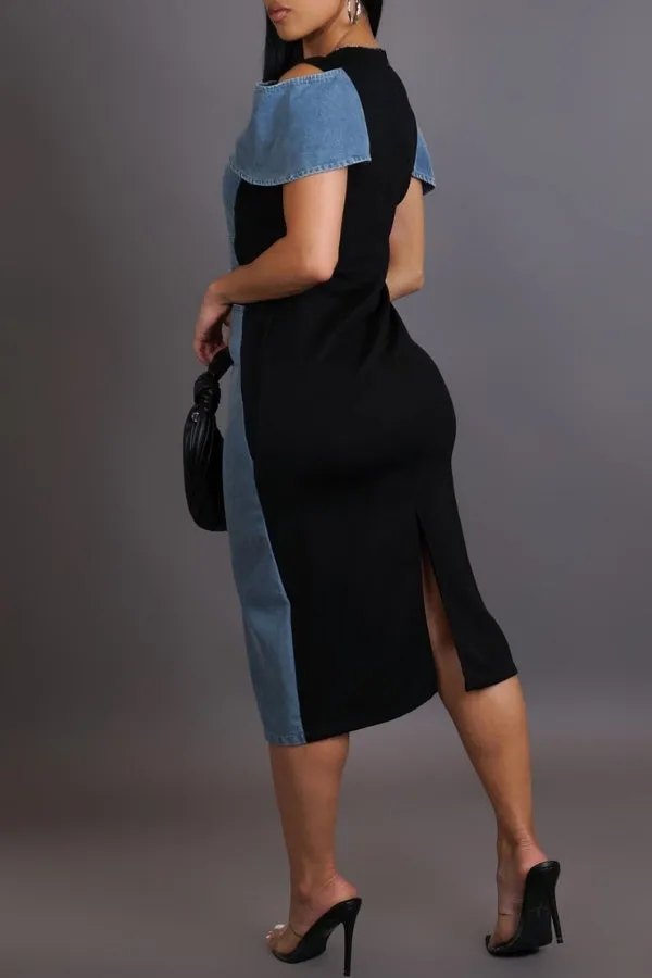 Denim Patchwork Hit Color Feminine Cold Shoulder Midi Dress