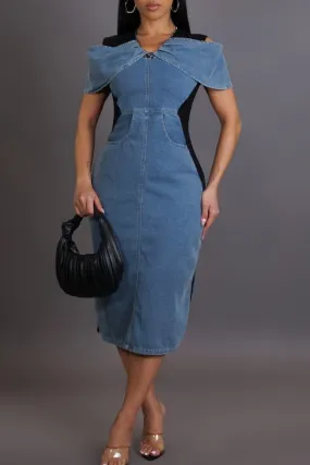 Denim Patchwork Hit Color Feminine Cold Shoulder Midi Dress