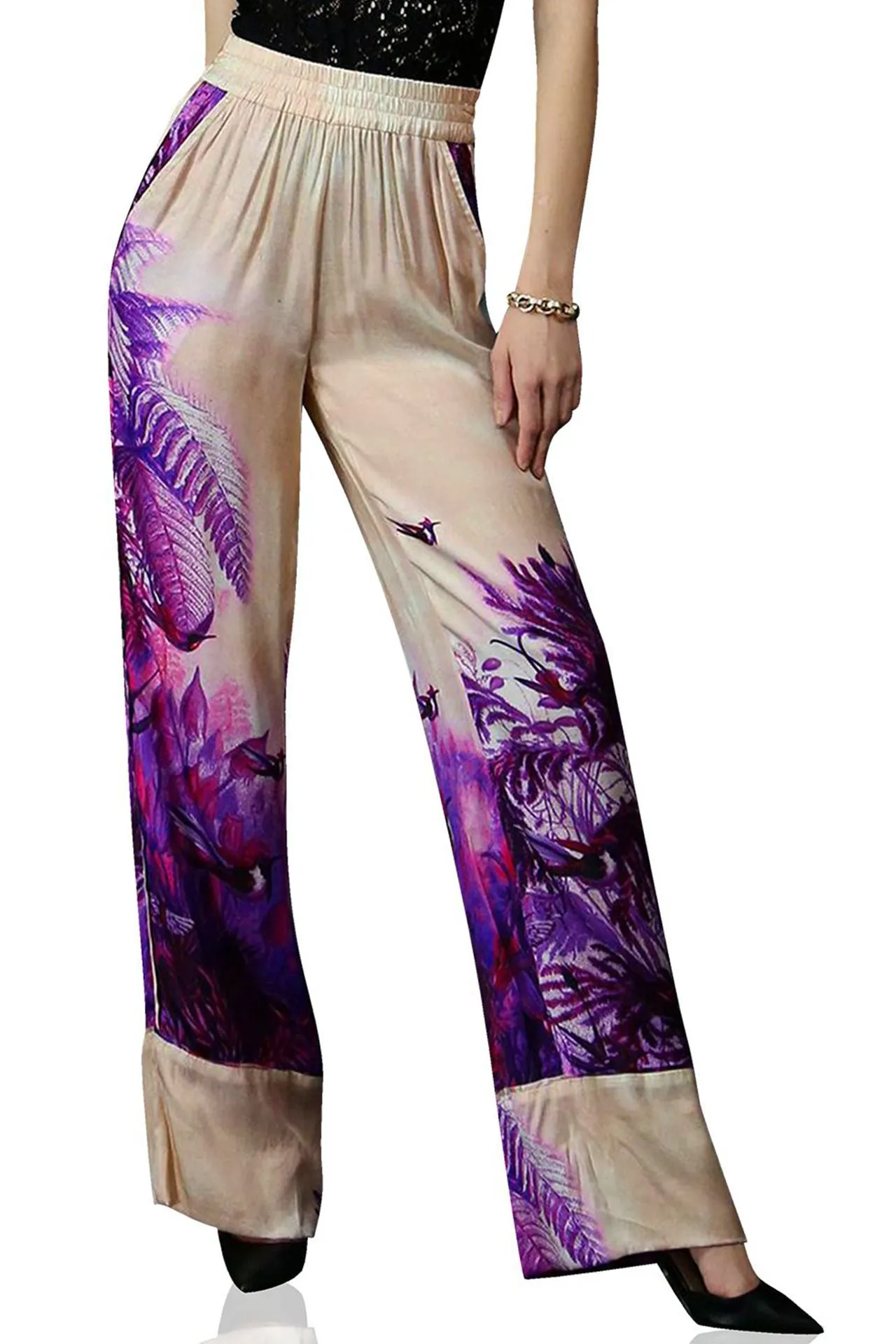 Designer  Bird Print Straight Leg Pants