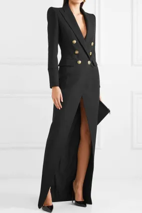 Diva Lapel Collar Double Breasted Front Split Formal Maxi Dress - Black