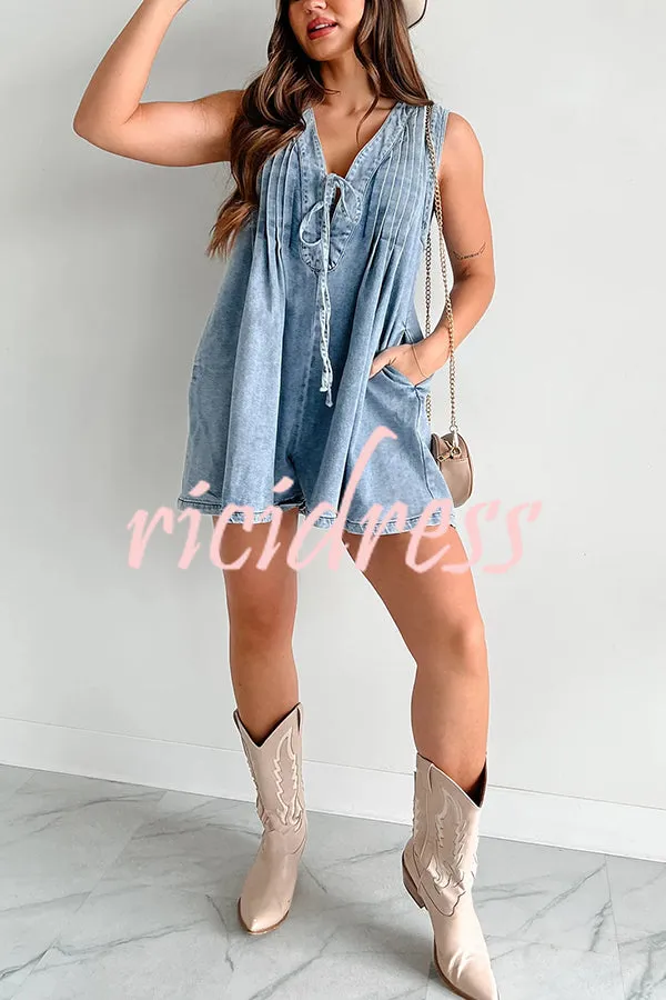 Downtown Daze Denim Pleated Tie-up Pocketed Loose Romper