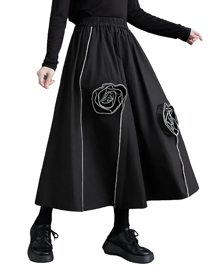 ellazhu Women's Maxi Length Elastic Waist Solid Color with Floral Print Dress Skirt GZ146
