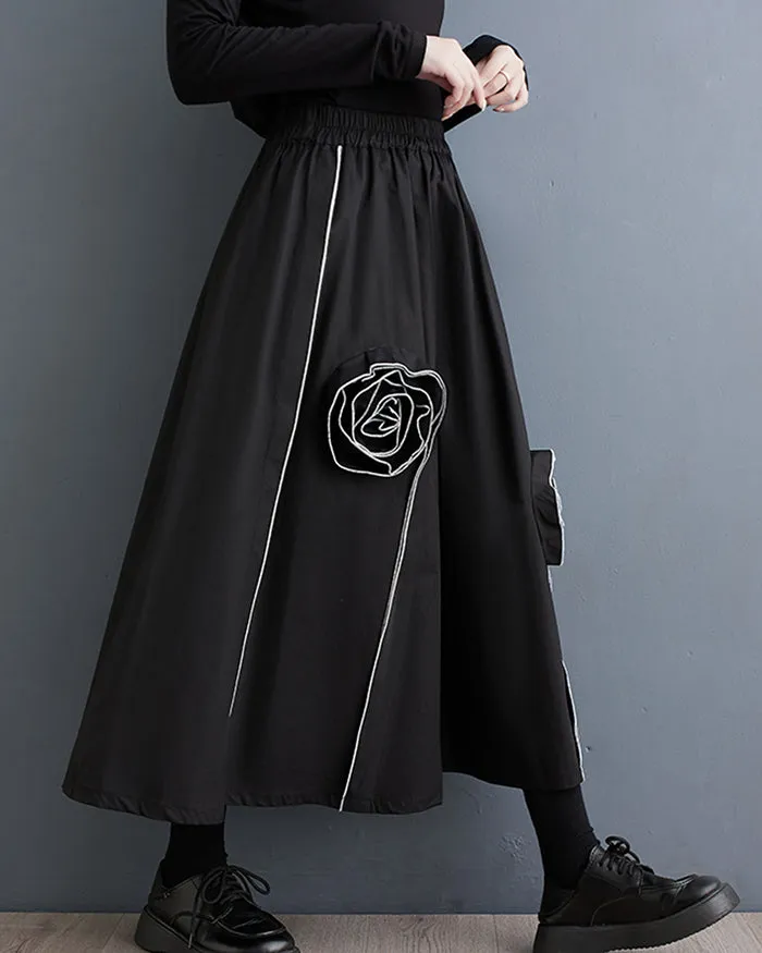 ellazhu Women's Maxi Length Elastic Waist Solid Color with Floral Print Dress Skirt GZ146