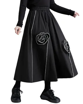 ellazhu Women's Maxi Length Elastic Waist Solid Color with Floral Print Dress Skirt GZ146