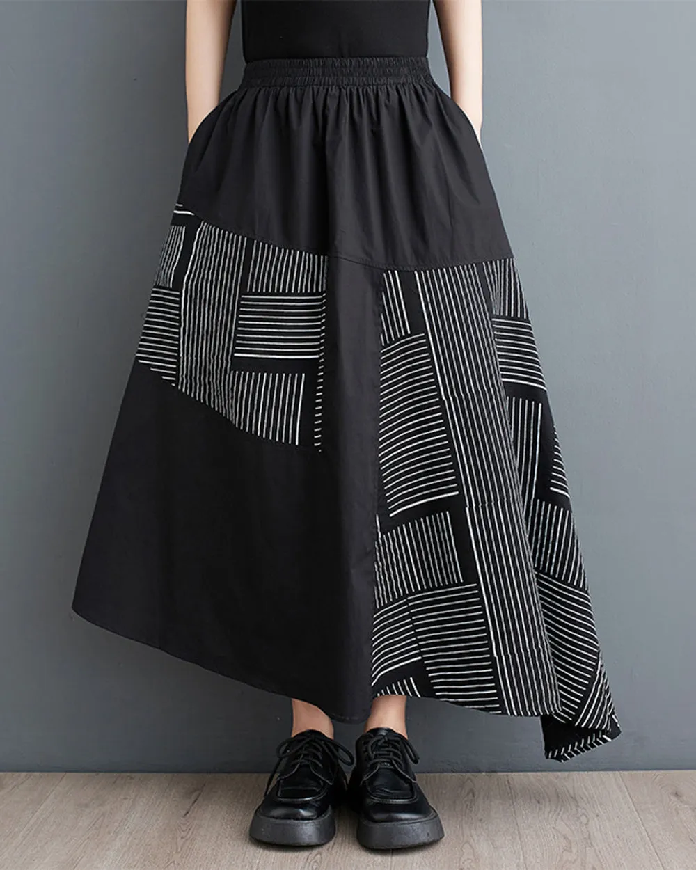 ellazhu Women's Maxi Length Elastic Waist Stripe Patchwork with Pokets Dress Skirt GZ164