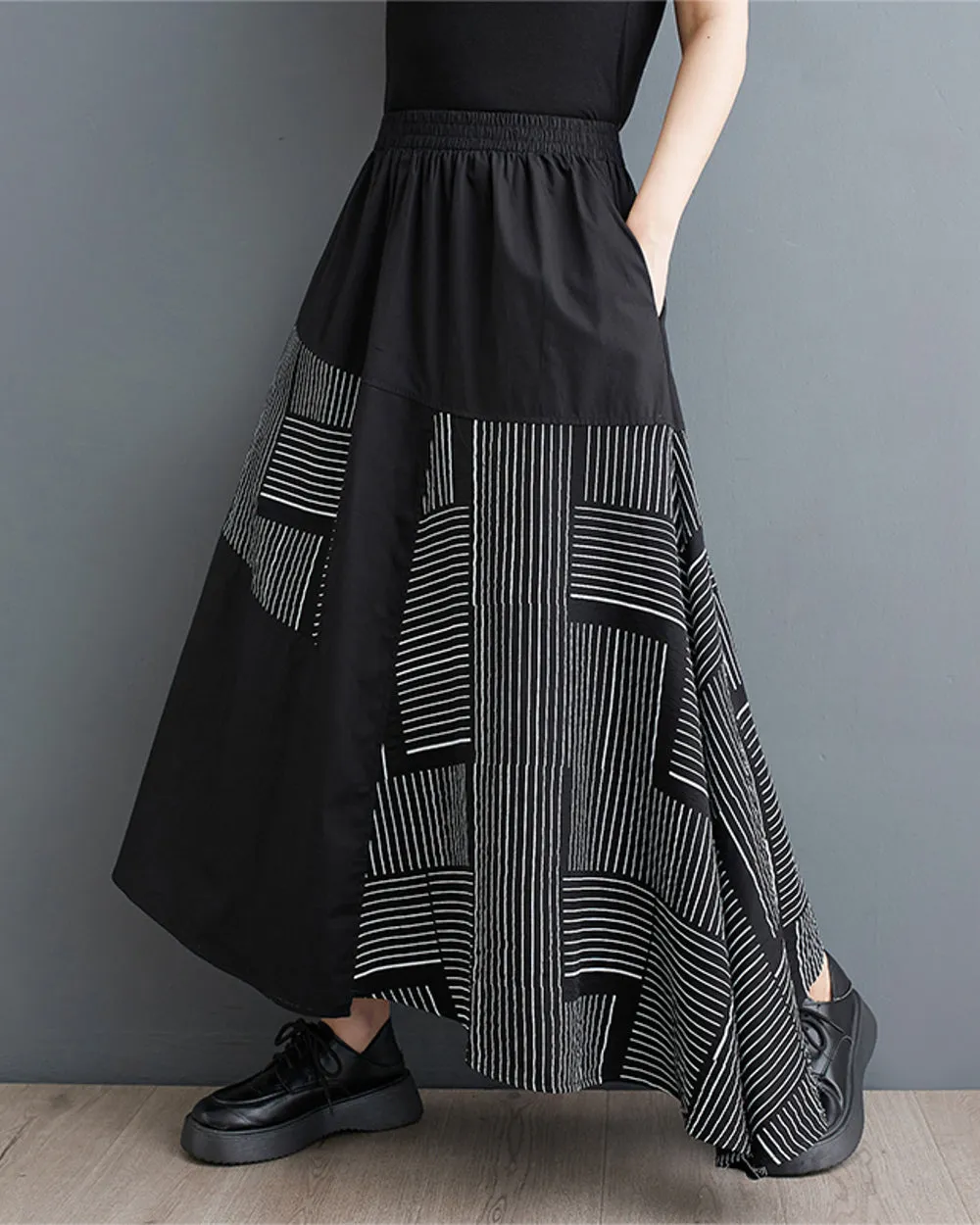 ellazhu Women's Maxi Length Elastic Waist Stripe Patchwork with Pokets Dress Skirt GZ164