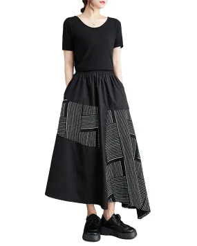 ellazhu Women's Maxi Length Elastic Waist Stripe Patchwork with Pokets Dress Skirt GZ164