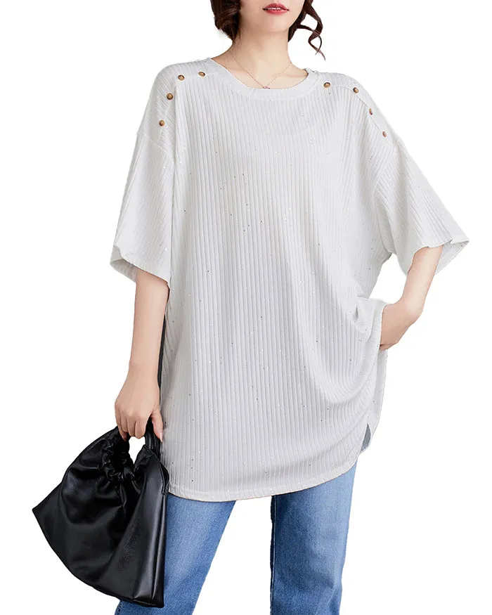 ellazhu Women's Shirt Half Sleeve Crewneck Irregular Hem Button Down Loose Oversize Dots GA2745