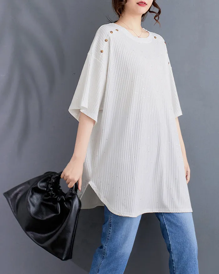 ellazhu Women's Shirt Half Sleeve Crewneck Irregular Hem Button Down Loose Oversize Dots GA2745
