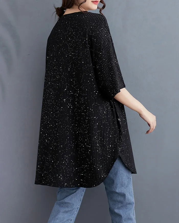 ellazhu Women's Shirt Half Sleeve Crewneck Irregular Hem Button Down Loose Oversize Dots GA2745