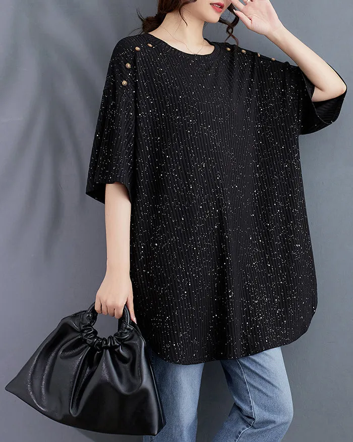 ellazhu Women's Shirt Half Sleeve Crewneck Irregular Hem Button Down Loose Oversize Dots GA2745