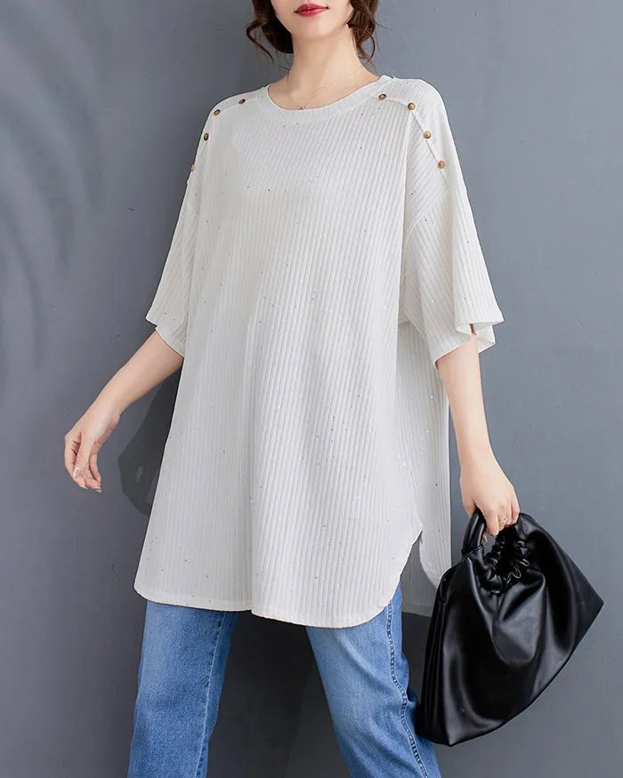 ellazhu Women's Shirt Half Sleeve Crewneck Irregular Hem Button Down Loose Oversize Dots GA2745