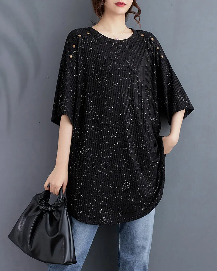 ellazhu Women's Shirt Half Sleeve Crewneck Irregular Hem Button Down Loose Oversize Dots GA2745
