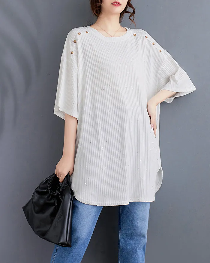 ellazhu Women's Shirt Half Sleeve Crewneck Irregular Hem Button Down Loose Oversize Dots GA2745