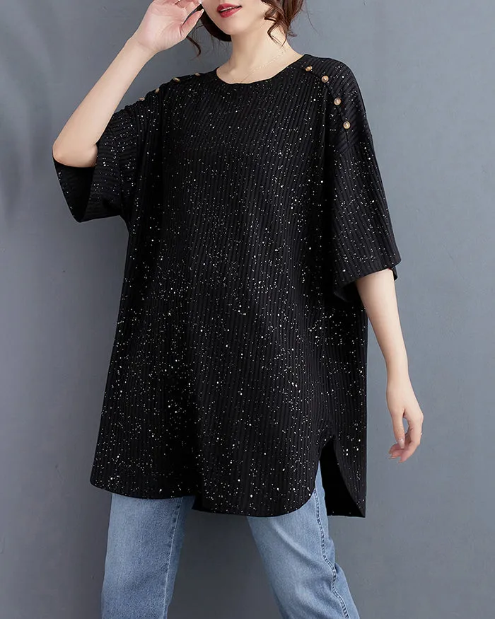 ellazhu Women's Shirt Half Sleeve Crewneck Irregular Hem Button Down Loose Oversize Dots GA2745