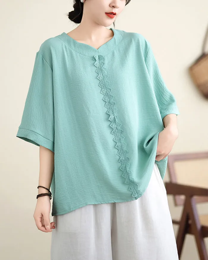 ellazhu Women's Shirt Pullover V-Neck Solid Color Half Sleeve Lace Flowy Hem Spring Summer GA2743