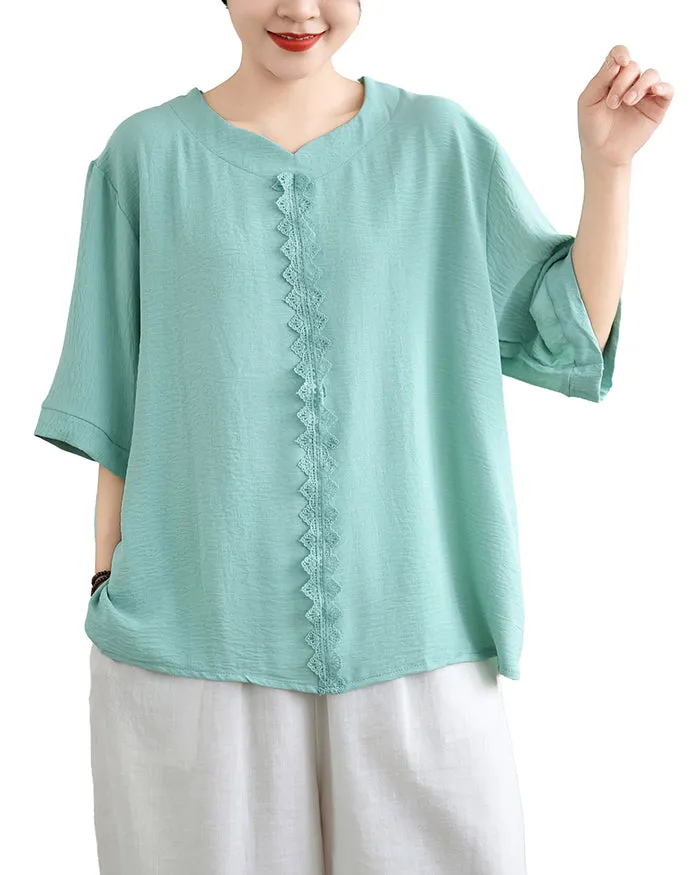 ellazhu Women's Shirt Pullover V-Neck Solid Color Half Sleeve Lace Flowy Hem Spring Summer GA2743