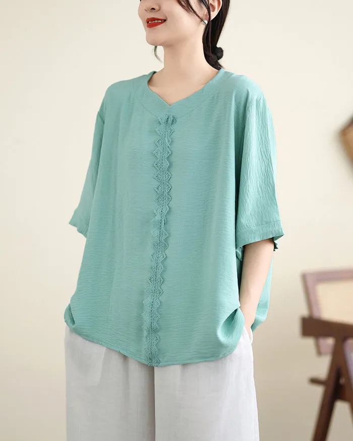ellazhu Women's Shirt Pullover V-Neck Solid Color Half Sleeve Lace Flowy Hem Spring Summer GA2743