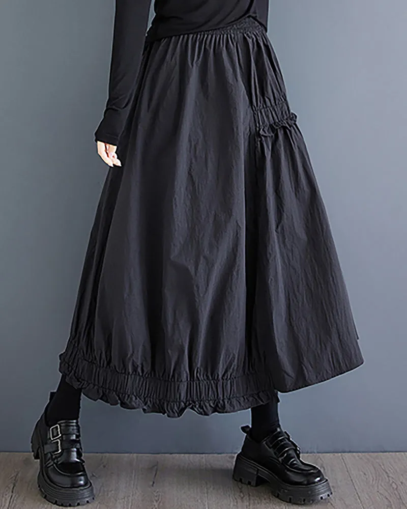 ellazhu Women's Skirt Elastic Waist Solid Two Side Pockets Flowy Ruffle Hem Baggy Loose GZ323